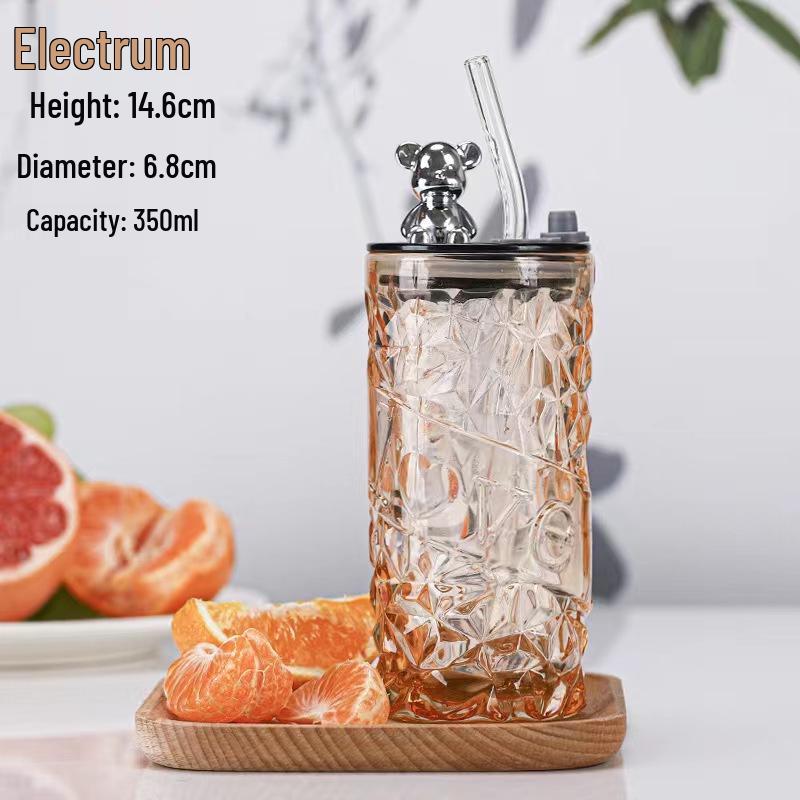 Ins Glass Love Straw Cup with Lid - Portable Diamond Bear Design for Office & Cold Brew Coffee