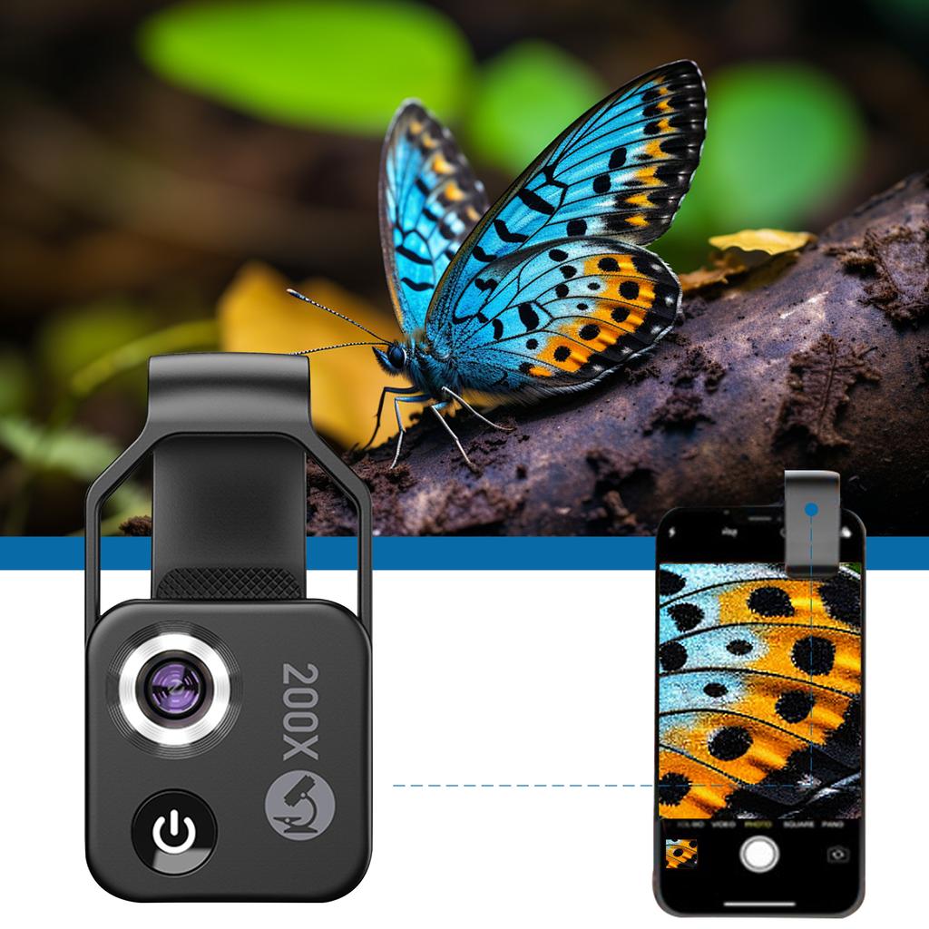 200X Portable Digital Microscope with LED Light/Universal Clip Magnification Microscope Lens USB-C Charging for Most Smartphone