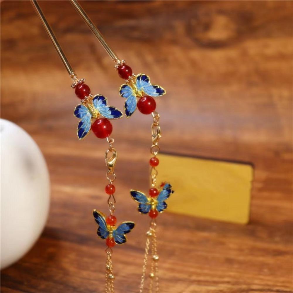 Dancing Butterfly Hairpin Vintage Chinese Metal Tassel Step Shake Clip Bun Colorful Retro Hair Jewelry with Classical Elegance