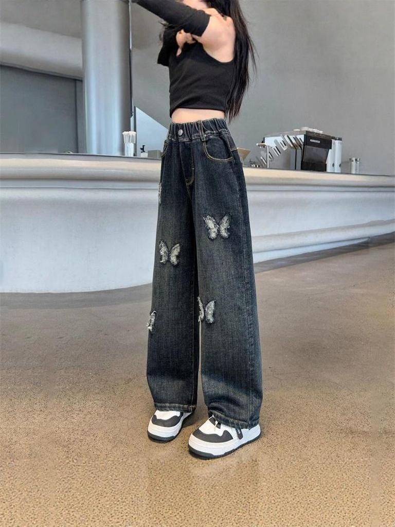 Kids' Butterfly Embroidered Wide-Leg Jeans for Girls - Spring & Autumn