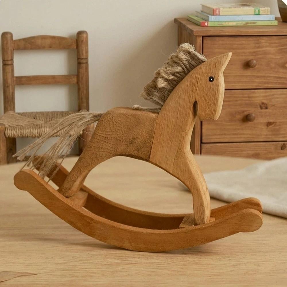 Hand Carved Rocking Horse Ornaments Retro Style Rocking Horse Statue Animal Sculpture  Kids Room