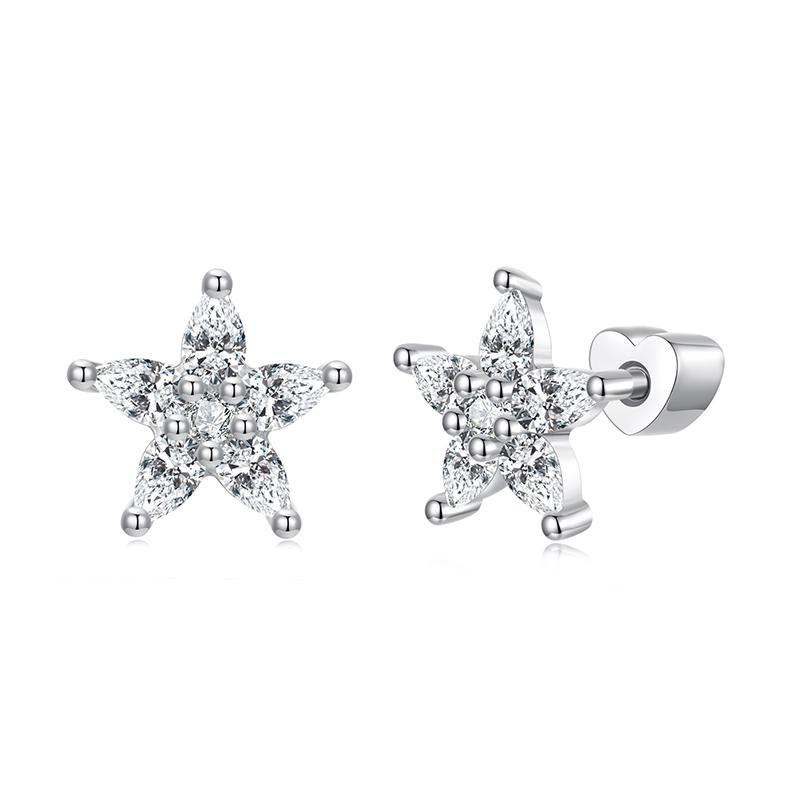 BAMOER 925 Sterling Silver Mini Star Stud Earrings Hypoallergenic Paved CZ Flower Earrings for Women Teens Shining Jewelry Gift