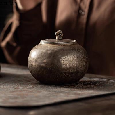 Vintage Rusty Glazed Ceramic Tea Jar Hammer Pattern Tea Box Black Teas Jar Teas Storage Container Household Creative Tea Set
