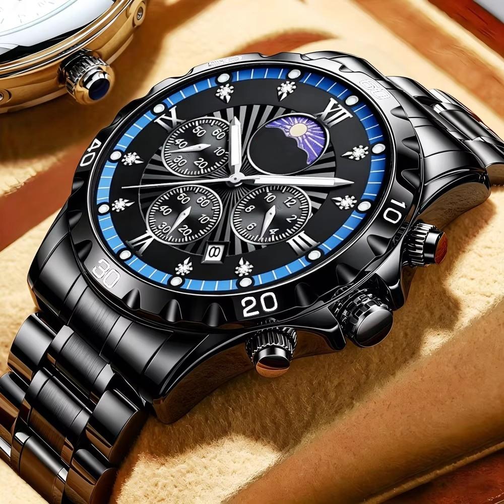 Men's Quartz Watch with Subdials Analog Wristwatch with Date-Display Waterproof Luminous Chronograph Dress Watches Stainless Steel Band