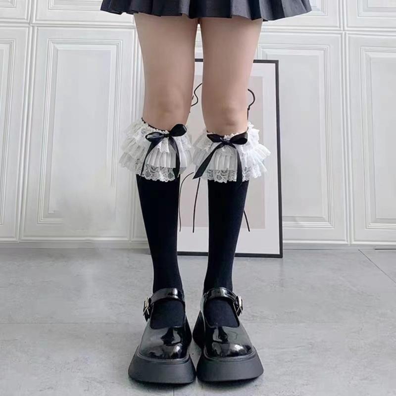 Stylish Lace Trimmed Long Socks Having Ribbon Detail Daily Lovely Socks Perfect For School Uniform And Cute Daily Wear