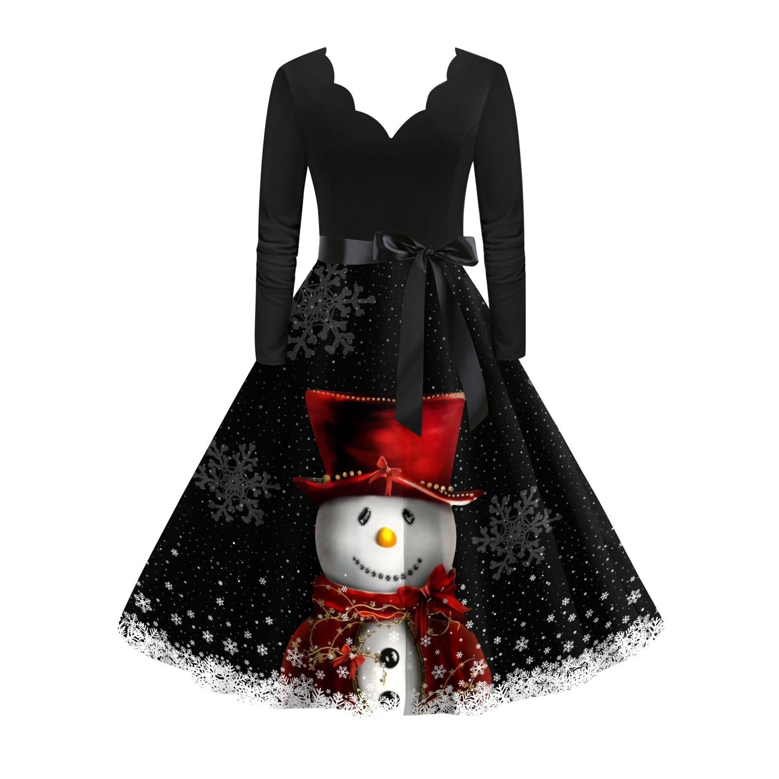 

Women s Vintage Dress Long Sleeve Christmas Print V-neck Swing Dress XXXXL чёрный