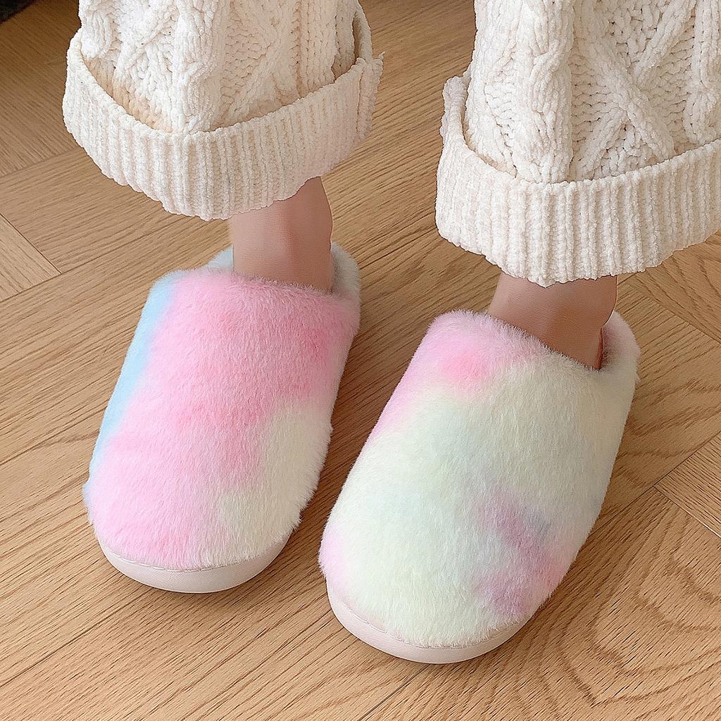 Tie Dye Fluffy Bedroom Slippers Women New Winter Cozy Warm Plush Indoor Home Slippers Woman Fashion Gradient Soft Fuzzy Slides