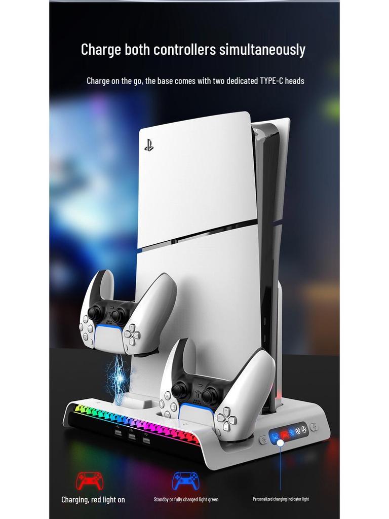 PS5 PRO/Slim RGB Cooling Station: Console Stand, Controller Charger, Disc Storage & Headset Rack