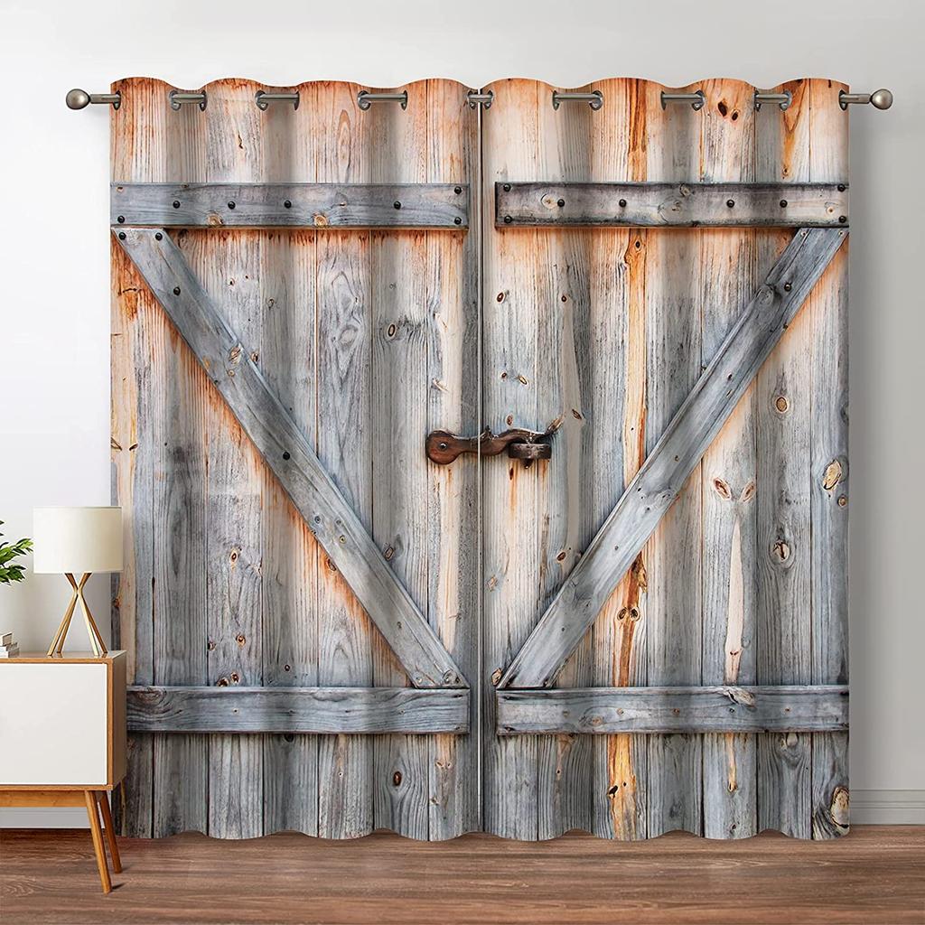 Rustic Wood Blackout Curtains Vintage Wooden Barn Door Farmhouse Home Bedroom Living Room Decor Window Drapes 2 Panels