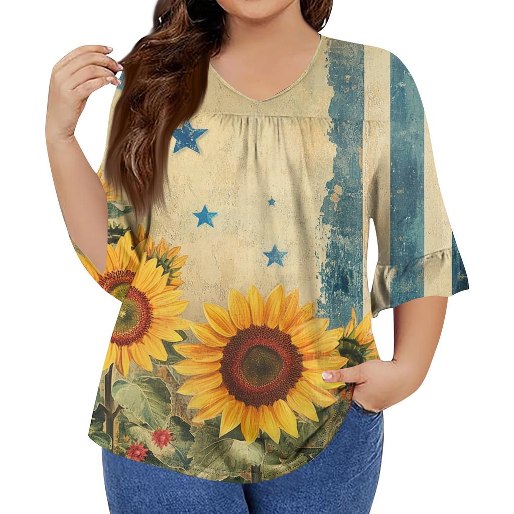 Women's Fashion Casual V-Neck Seven Sleeve Ruffle Sleeve Independence Day Printed T-Shirt Tops Plus Size Women's