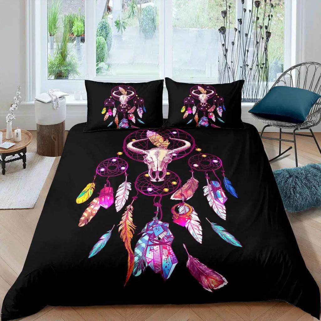 Cow Skull Duvet Cover Queen Sunflower Cattle/Bull Skeleton Bedding Set Botanical Floral Leaves Boho Tribal Polyester Quilt Cover