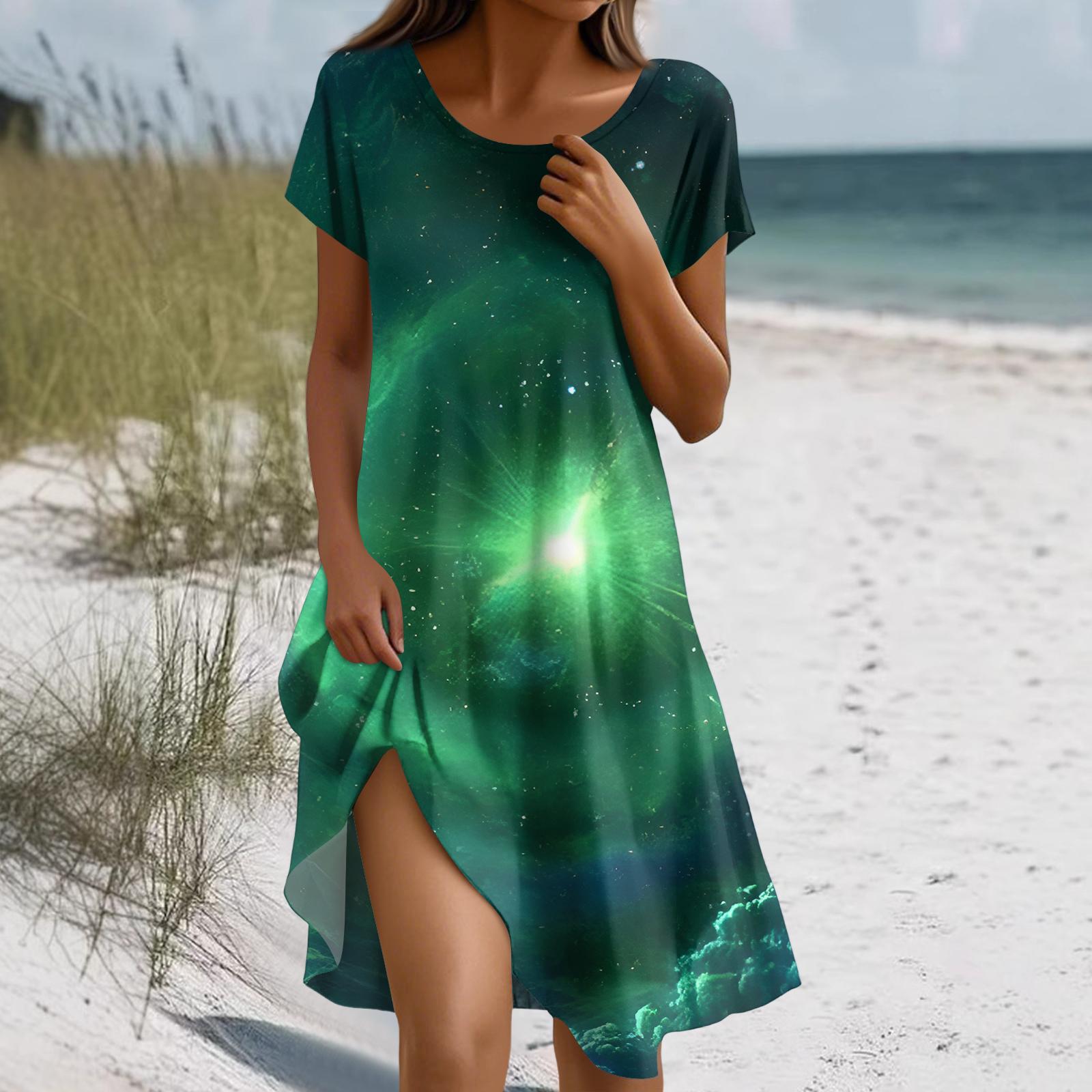 

Women s Fashion Short-Sleeve Bohemian- -Print Dress With Pockets S зелений