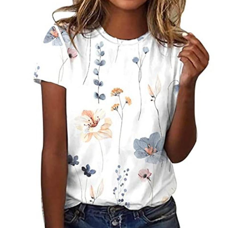 Summer Round Neck 3D Floral Pattern Printed Top Fashionable Casual Short Sleeved Women's T-shirts