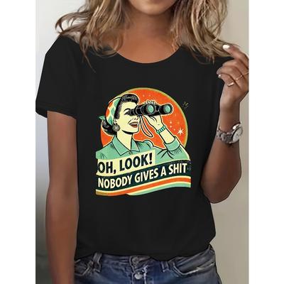 Women Binocular Observation Print T-Shirt Round Neck Short Sleeve Casual Graphic Top
