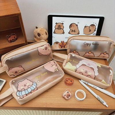 Estojo de Lápis Capivara com Alça Transparente Fosco Bolsa de Armazenamento para Material Escolar Grande Capacidade Bolsa para Canetas Material de Escritório Escolar