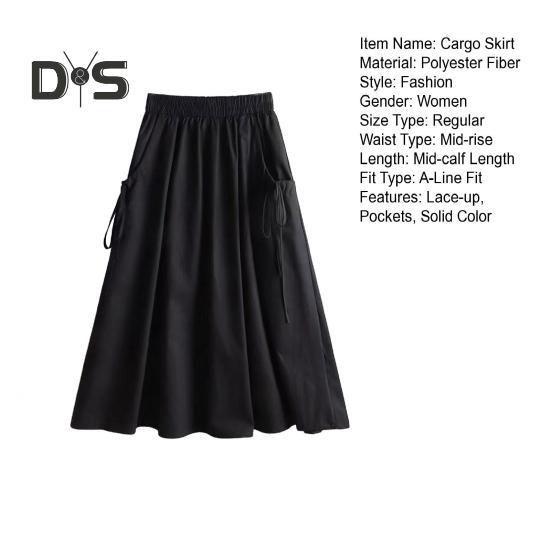 Cargorock mit elastischer Taille, Seitentaschen, einfarbig, A-Linie, lockere Passform, Midirock im Workwear-Stil, Kordelzugrock