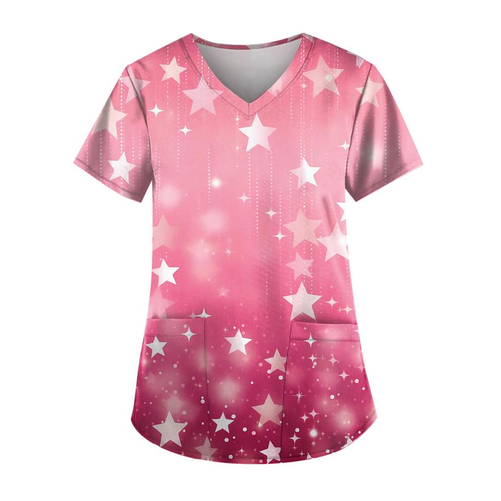 Plus Size Printed Scrub Working Uniform Tops For Women's V-Neck Print Short Sleeve Fun T-Shirts Workwear Tee With Pockets