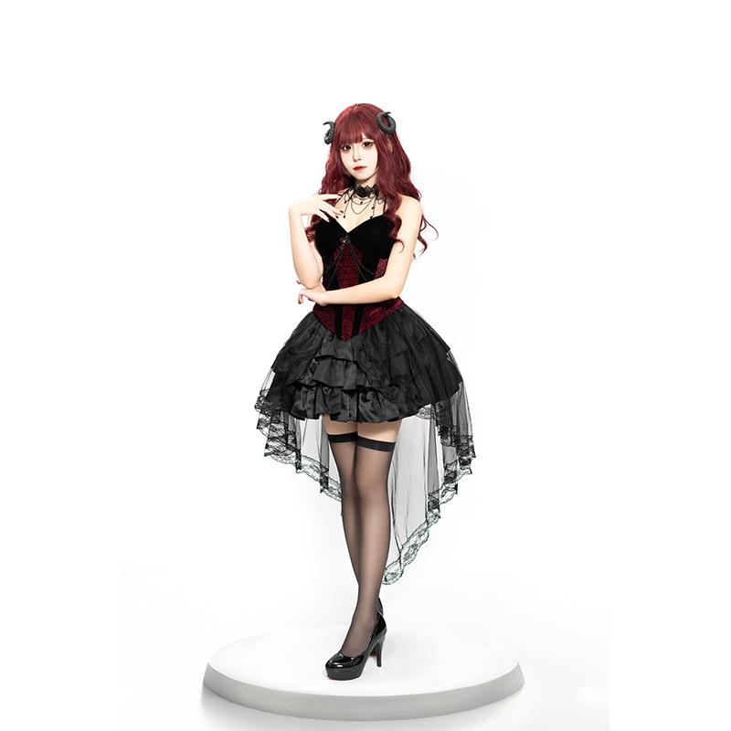 Cosplay new hot girl retro dark temperament fluffy dovetail dress set halloween cos goth queen devil dress up