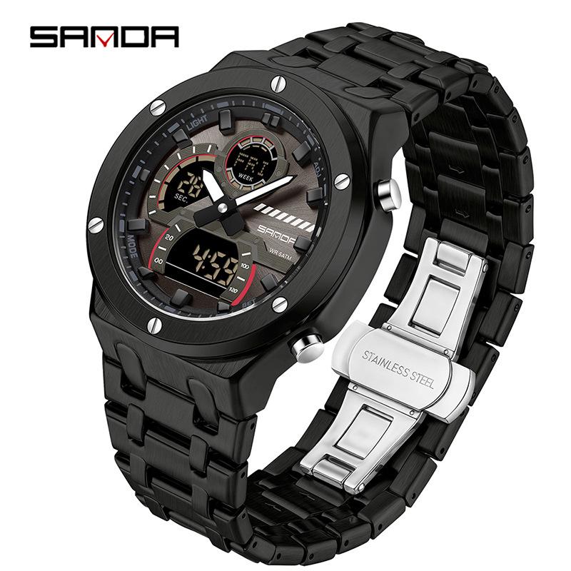 Sanda Octagonal Steel Band Multifunctional LED Light Watch for Men - TikTok Trendy Heartbeat Monitor Watch