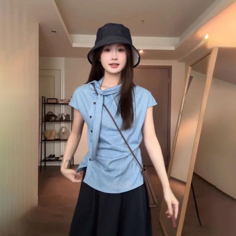 Summer New Style Irregular Slim Pleated Top High-end Striped Short-sleeved Shirt