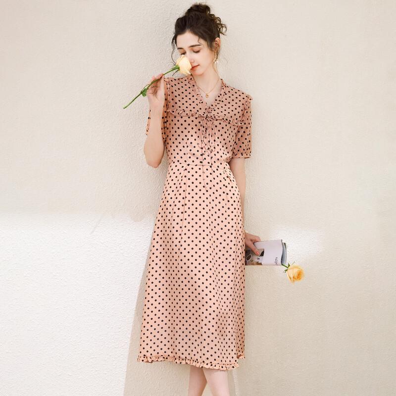 TUHUANG 100% Mulberry Silk Polka Dot V-Neck Dress L