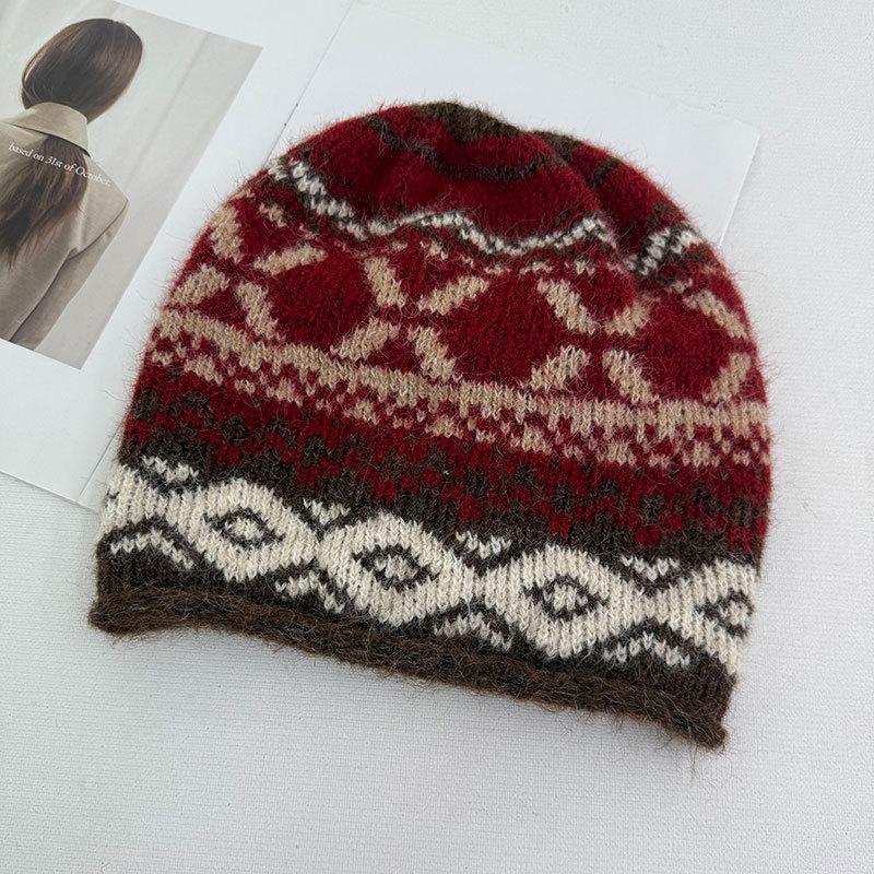 Fair Island Vintage Jacquard Drawstring Knitted Ear Cap Children's Winter Cute Warm Wool Plush Baotou Hat