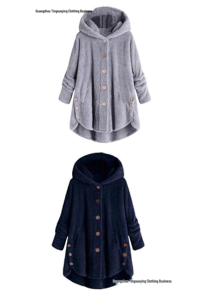Spring 2026 Women's European-American Plush Button Top, Irregular Solid Color Coat