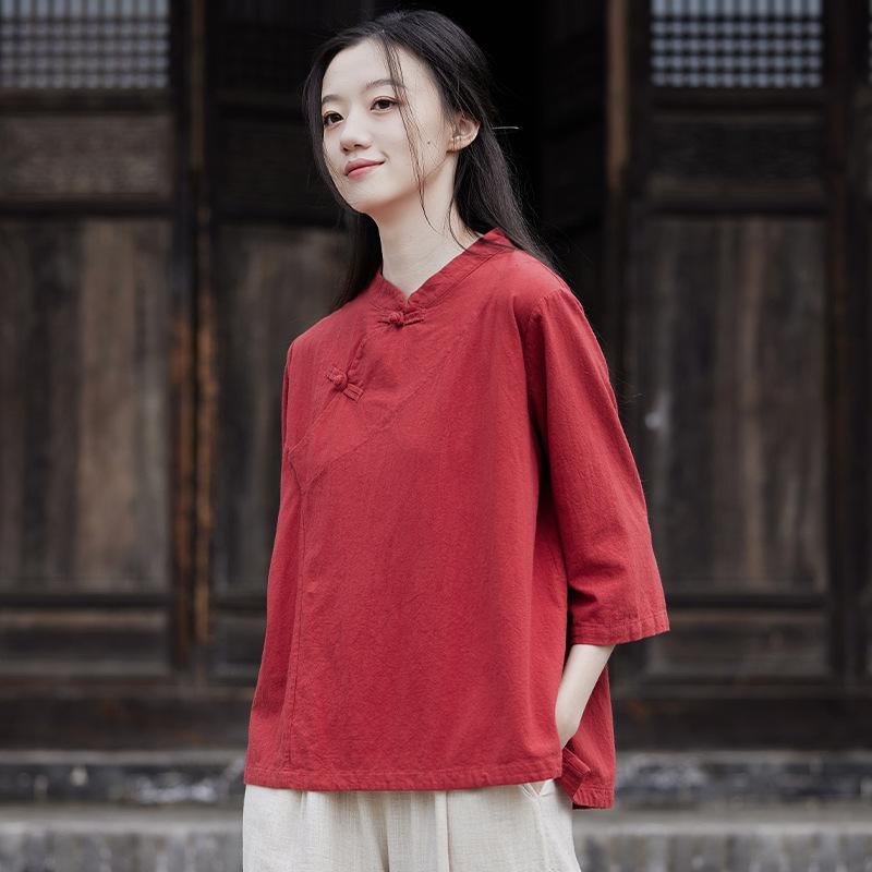 Johnature Dámské vintage bavlněné lněné košile topy stojáček sedmirukávové halenky podzimní jednobarevné vintage košile