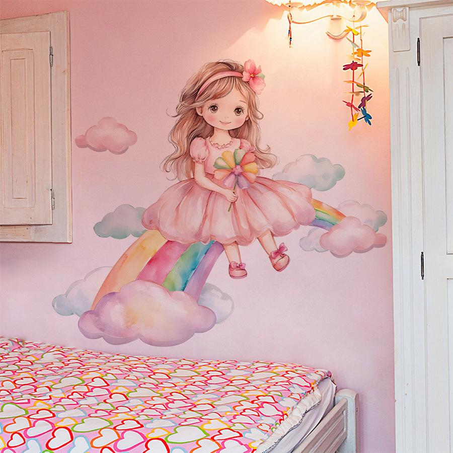Cute Cartoon Girl on Cloud with Rainbow Bridge Wall Stickers, Self-Adhesive Kids Room Kindergarten Decor for Wall Decoration