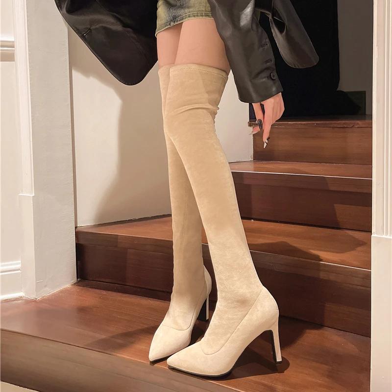 Women Spring Autumn New Fashion Side Zipper Long Boots Were Thin High-heeled Thick Suede Over-the-knee Ladies Black Gray Shoes