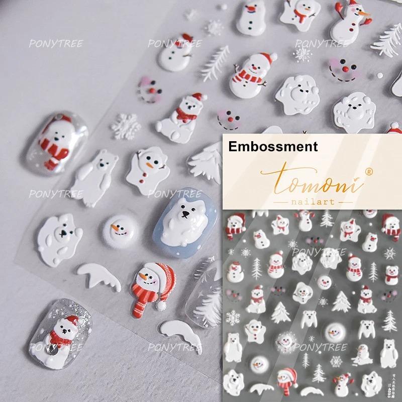 Gold Stamped Snowflake Stars White Christmas Tree Red Bowknot Cute 3D Nail Art Stickers Xmas Lovely Manicure Decals