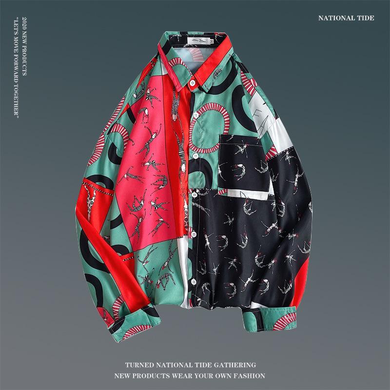 Camicia da Uomo Floreale Retro a Maniche Lunghe per la Primavera - Stile Coreano, Trendy, Versatile, Vestibilità Ampia, Top Stile Coppia Hong Kong.