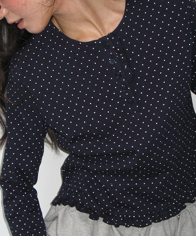 RONRON Dot Ruffle Long Sleeve T Shirt Navy
