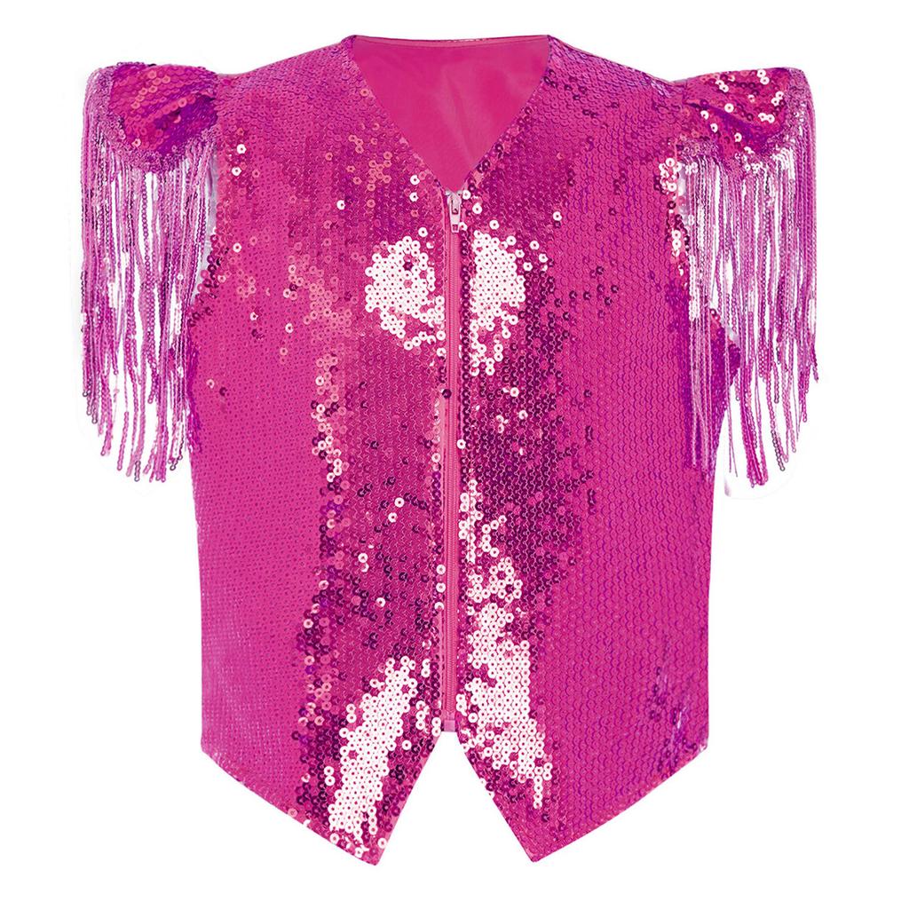 Boys Sequined Patchwork Vest Tassels Cap Sleeves V Neckline Stage Performance Waistcoat