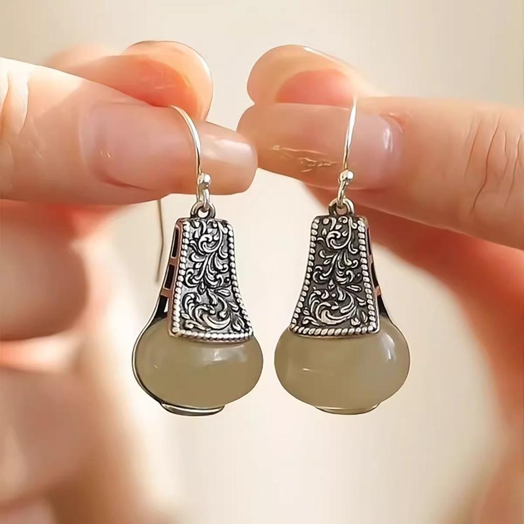 925 Silver Hotan Jade Earring for Women Grass Retro Texture Water Drop Trend Ethnic Jewelry Gift Dropshipping