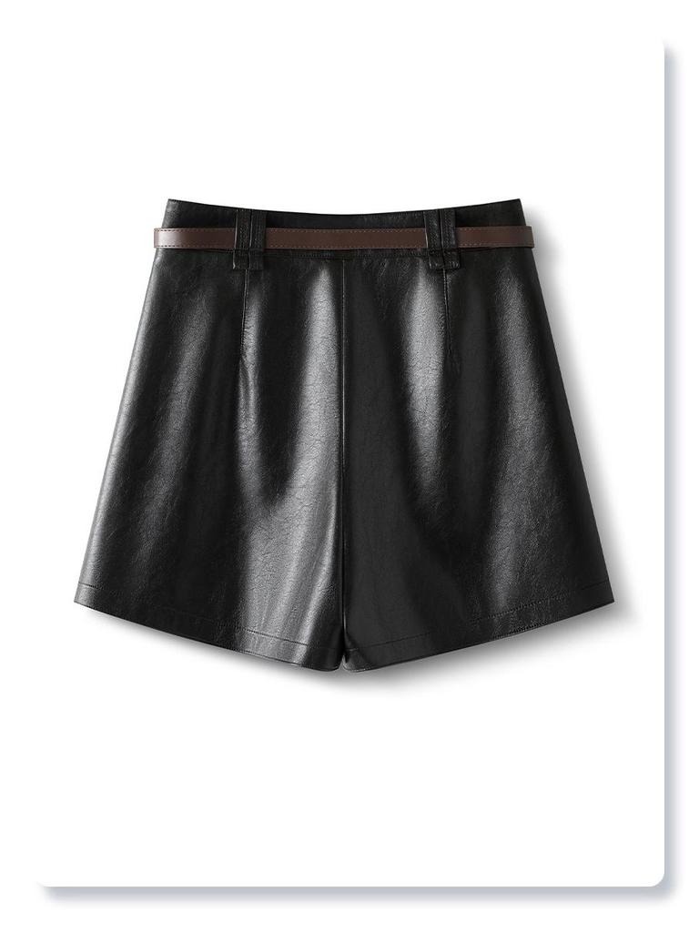 Coffee PU Leather High-Waisted A-line Shorts for Women & Girls - Winter 2025 Fashion, Slimming & Versatile