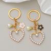 Retro Heart Pendant Keychain Black White Camellia Pearl Pendant Women Purse Handbag Accessories Trendy Car Keyring Travel Gift