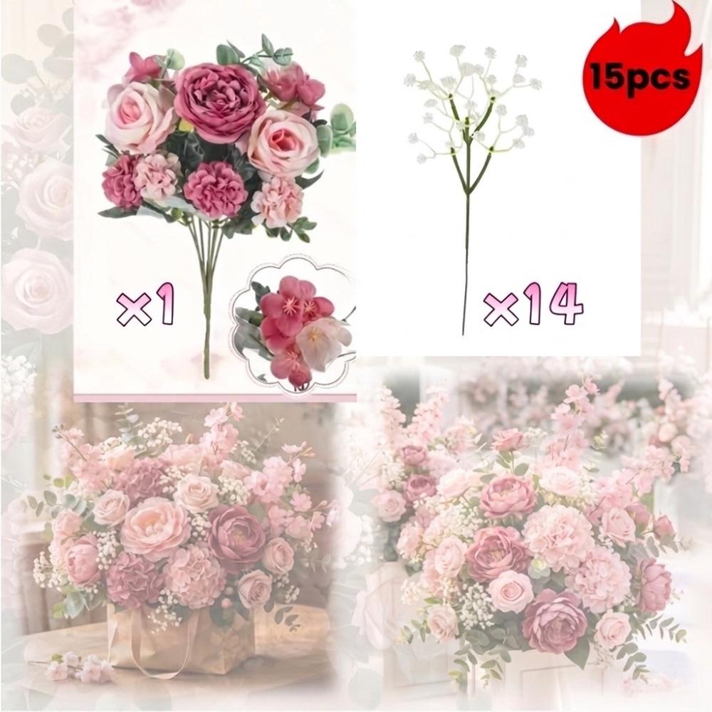 15Pcs Realistic Peony Baby Breath Artificial Flowers Lifelike Real Touch Peony Bouquet with Baby Breath Handmade No Wilting