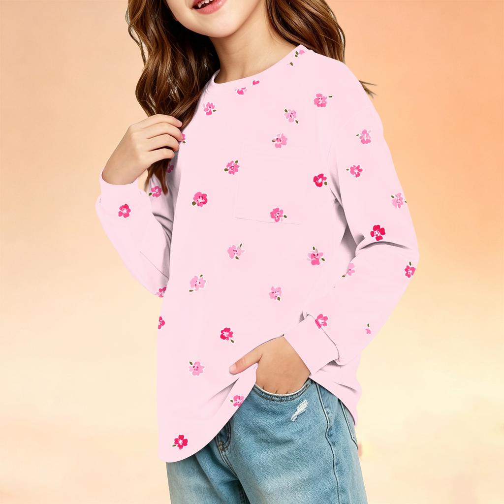 Children's Long Sleeve Round Neck Printed Top with Pockets for Boys and Girls