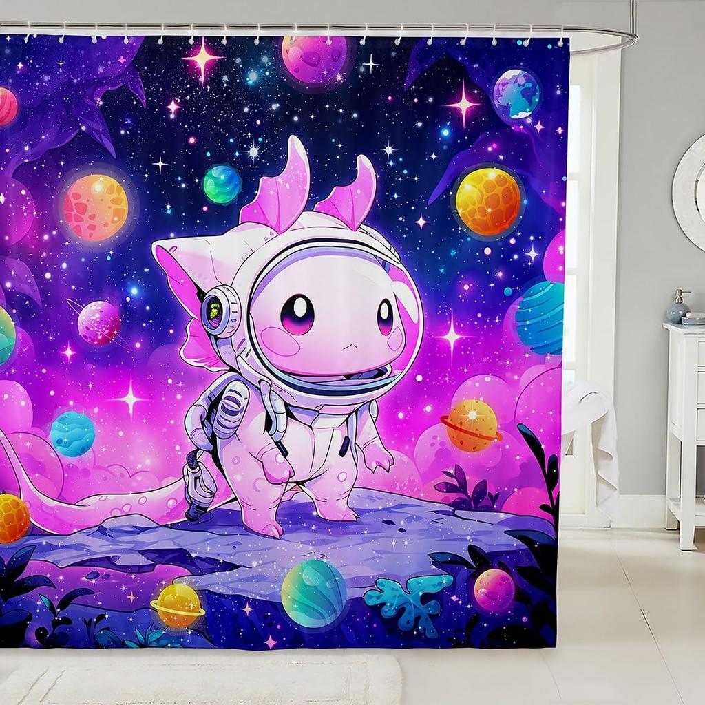 Süßer Axolotl-Duschvorhang, Kawaii-Cartoon-Salamander-Badezimmervorhang mit Haken, Wasserdichte Duschvorhänge für Badewannen-Dekor