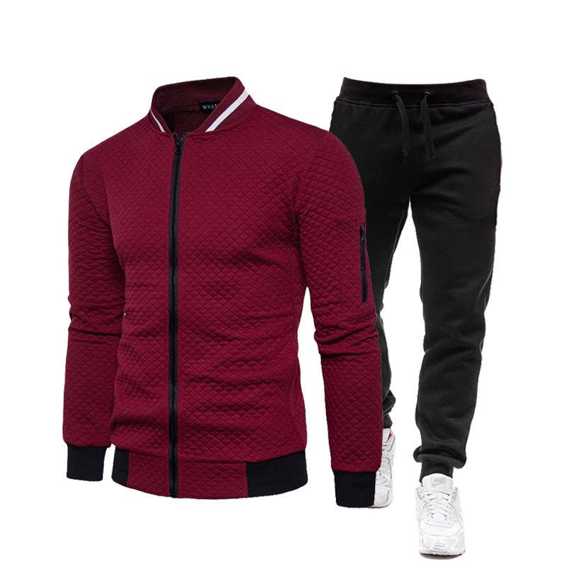 Men's Casual Plaid Stand-Up Collar Zipper Sweatshirt Jacket - Solid Color Set for Spring & Autumn
