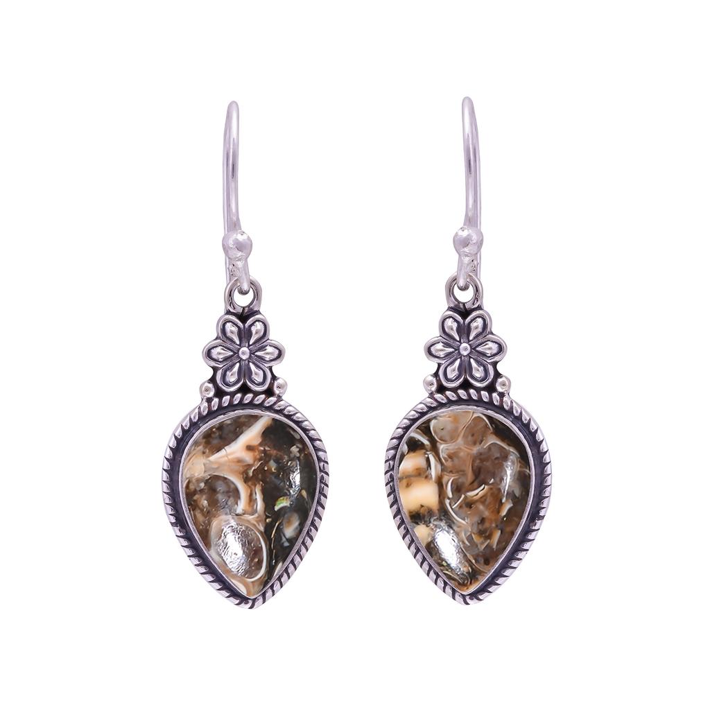 Turritella Agate - Wyoming 925 Sterling Silver Earring V9629, Brown Earring, Pear Earring, Valentin's Day Gift, Gift For Her, Birthday Gift, Handmade