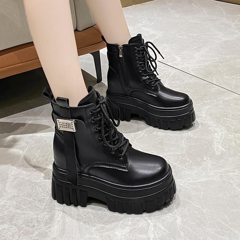 

Модные 10 см Ботильоны до щиколотки и середины икры из мягкой кожи Зимне-осенние Ботинки на высокой платформе и танкетке Британские ботильоны Женские Массивные мотоциклетные ботинки 34 чёрный