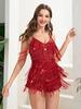 European & American Sexy Sequin Deep V Tassel Jumpsuit: Retro Party Slim Fit