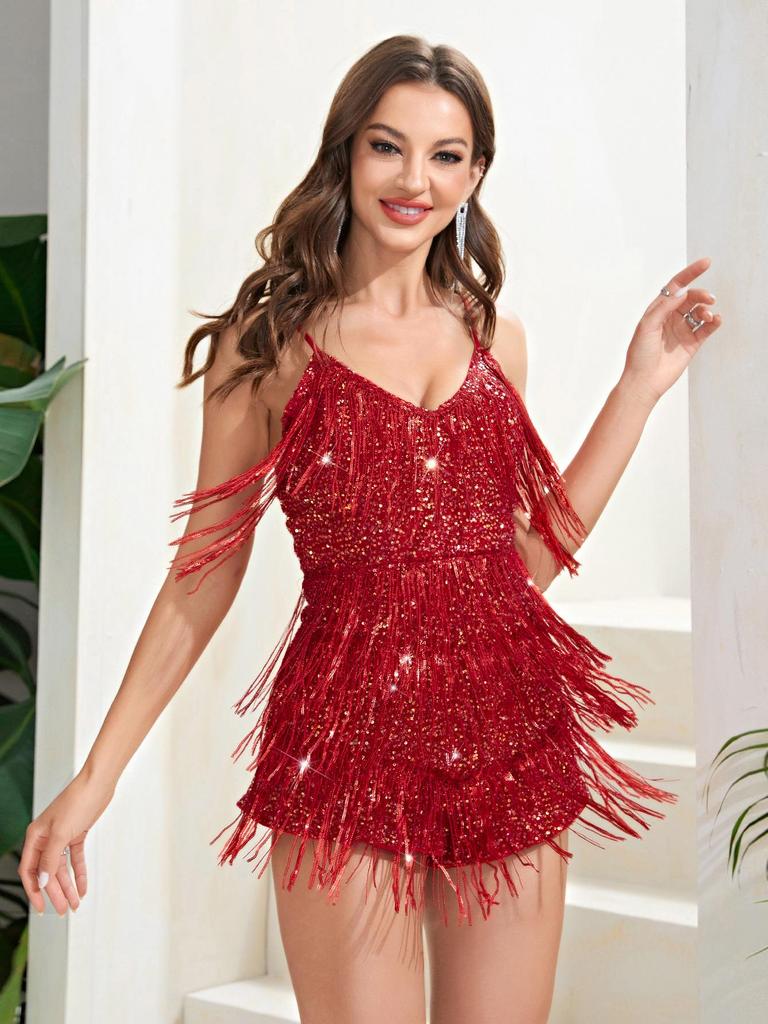 European & American Sexy Sequin Deep V Tassel Jumpsuit: Retro Party Slim Fit