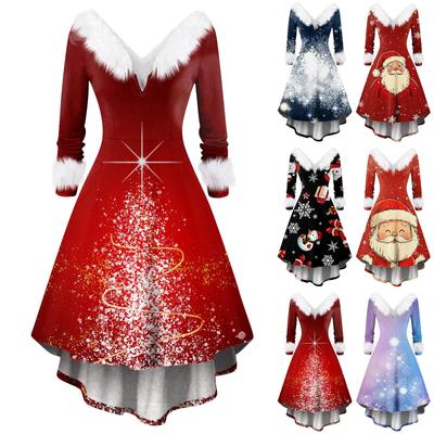 Women's Fashion V-neck Casual Fit Christmas Print Party Long Sleeve Dress
