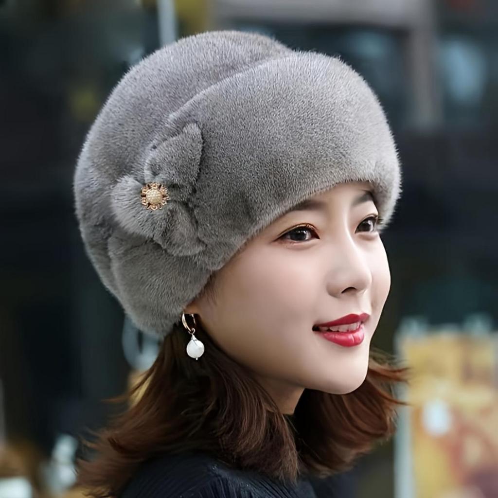 High Top Faux Mink Plush Hat with Decorative Flower for Autumn and Winter