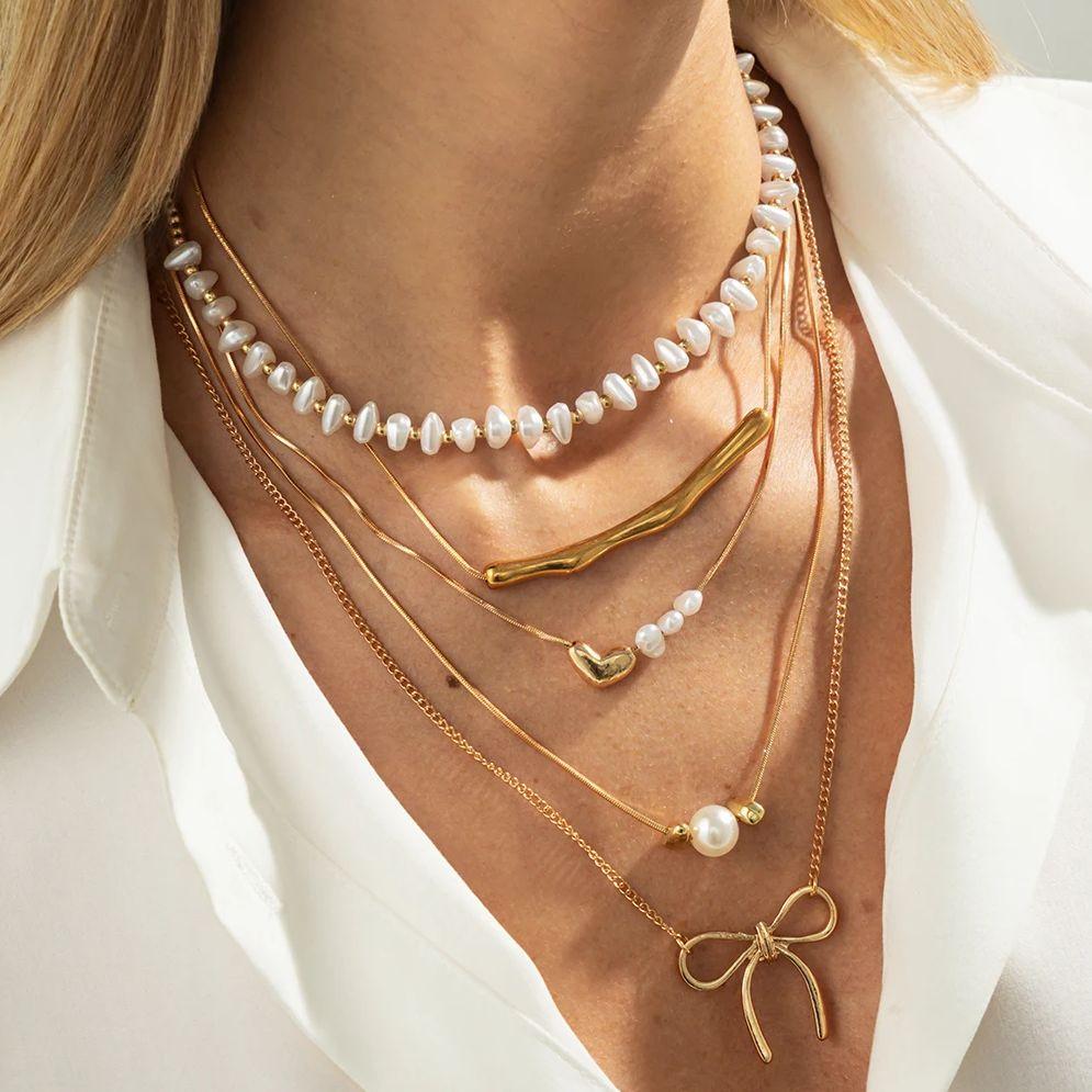 

Ingemark 5Pcs/Set Exquisite Elegant Imitation Pearls Chokers Necklaces for Women Trendy Gold Color Bow Neck Chain New Jewellery