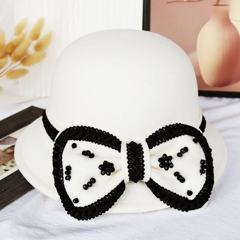 Bow Autumn and Winter Ladies Hat Wool Fashion Winter Top Hat Basin Hat Bucket Hat British Retro
