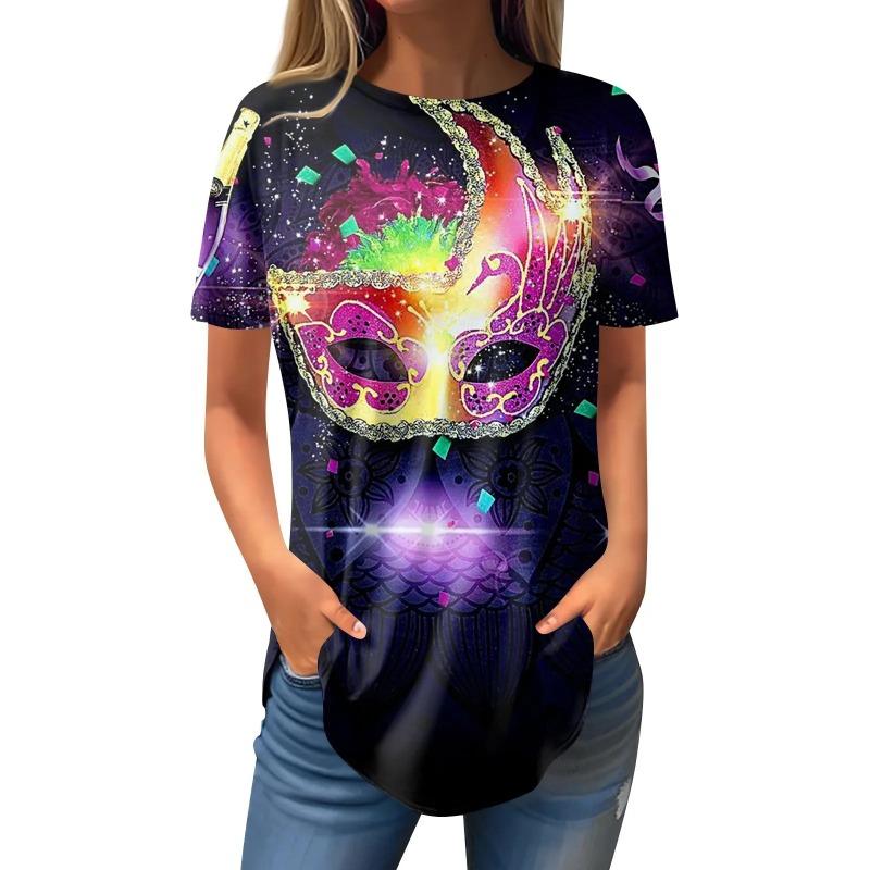 Summer Round Neck 3D Mardi Gras Themed Print T-shirts Fashionable Casual Short Sleeved Women's T-shirts